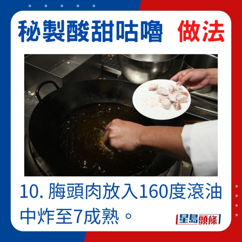 梅头肉加入160度滚油炸至七成熟